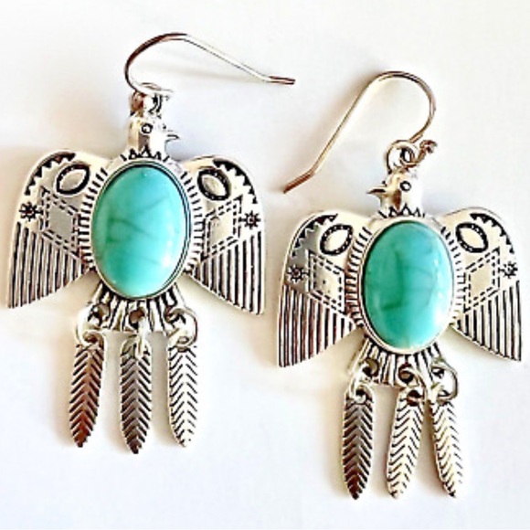 Turquoise Stone Feather Silver Bird Earrings - Picture 5 of 16